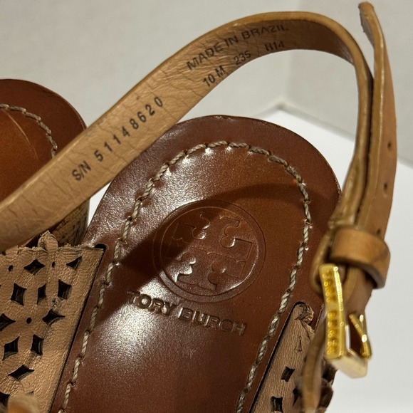 Tory Burch Daisy Cork Wedge Heel Sandals Laser Cut Leather Tan Women's Size 10 M - Picture 3 of 11